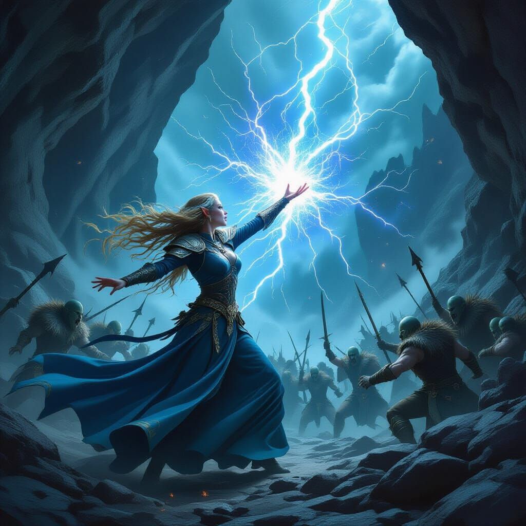 Elven Wizard Unleashes Lightning on Orc Horde in Chasm