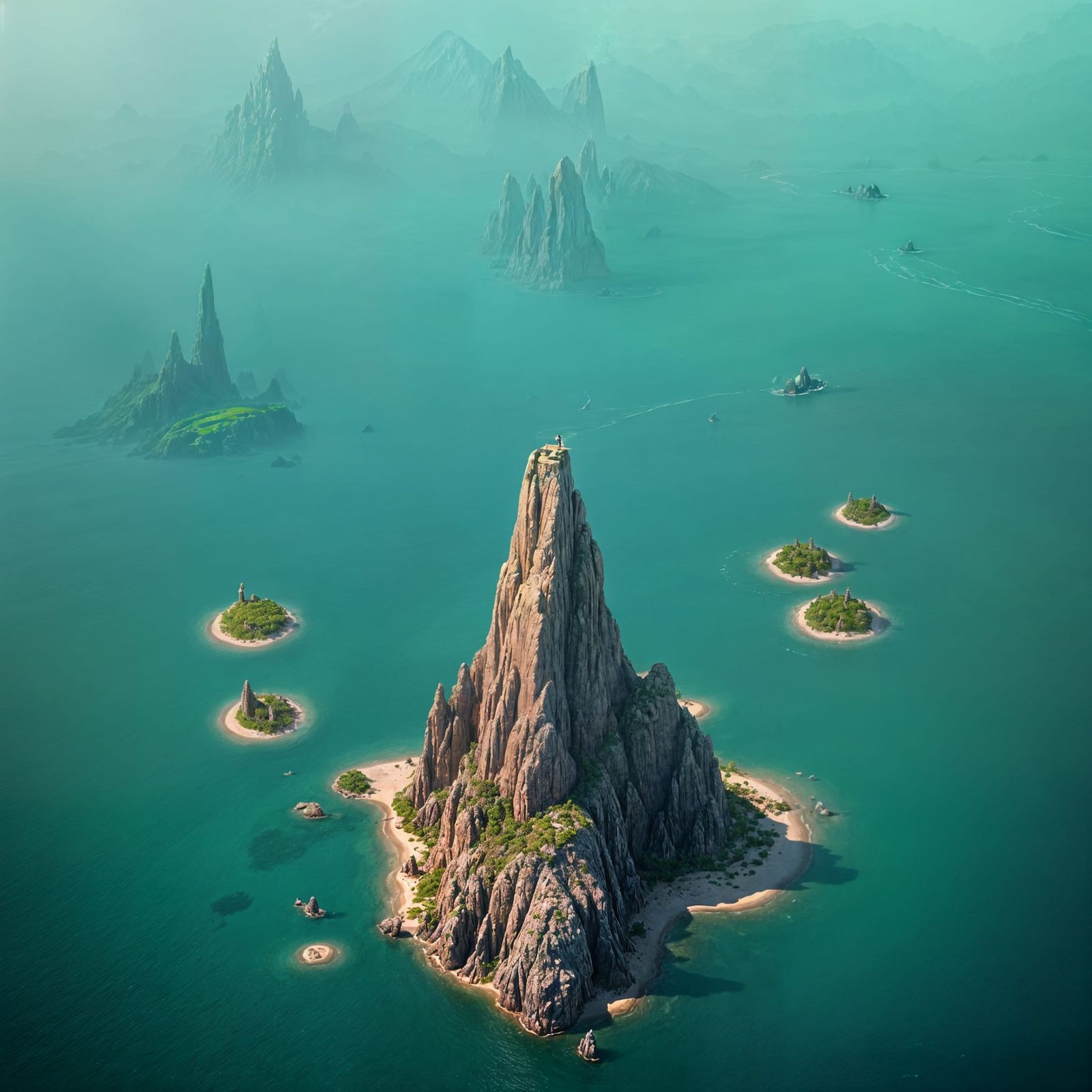 Ethereal Distant Isle in a Sea of Emerald Waters