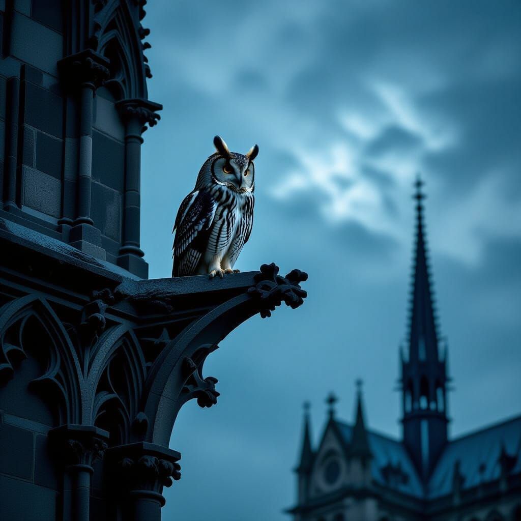 Owl on Gargoyle Silhouette Against Stormy Sky