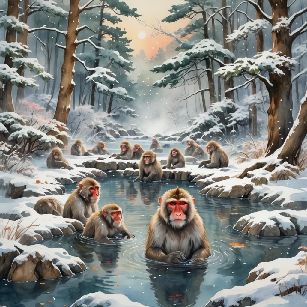 Serene Snow Monkeys in Watercolor Winter Wonderland