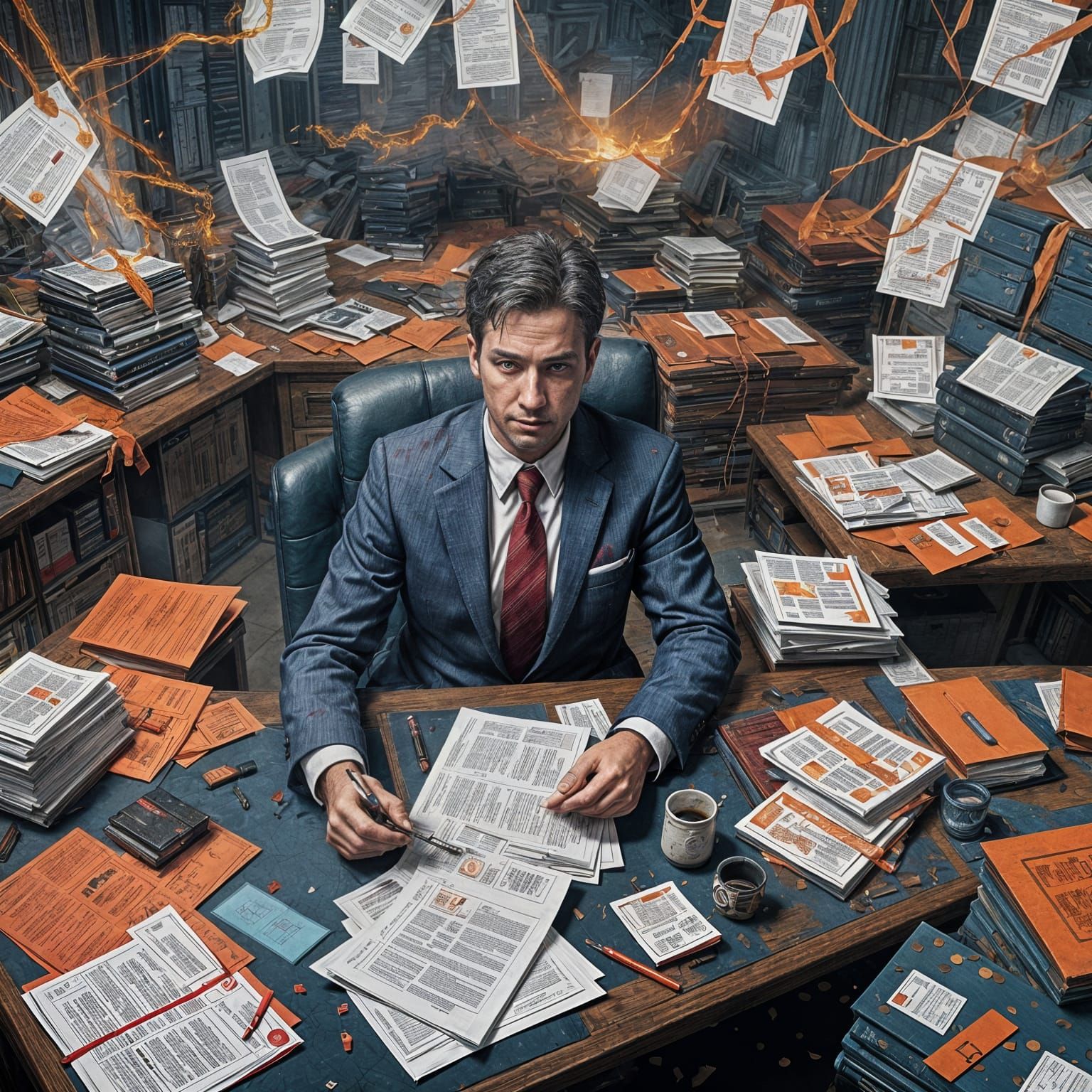 Bureaucrat Overwhelmed by Paperwork: Fantasy Concept Art