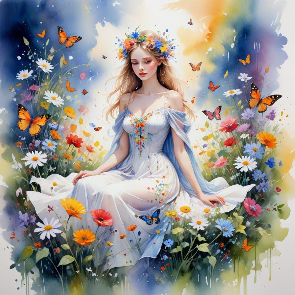 Fairytale Queen in Magical Watercolor Garden