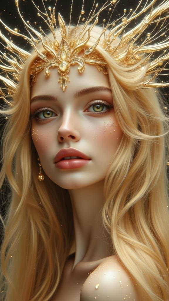 Ethereal Woman in Starlight Crown, with Angel Wings and Gold...
