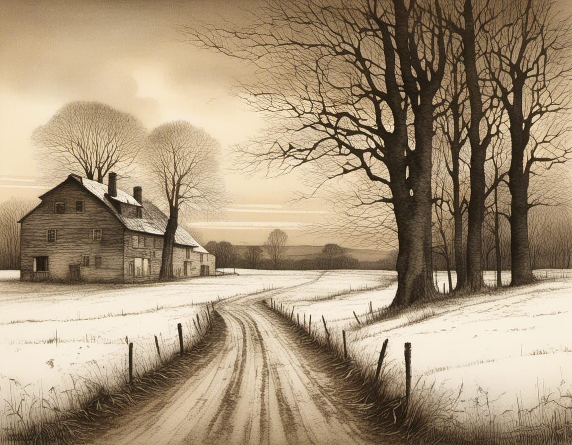 Rural Farmhouse in Winter: Etching and Aquatint