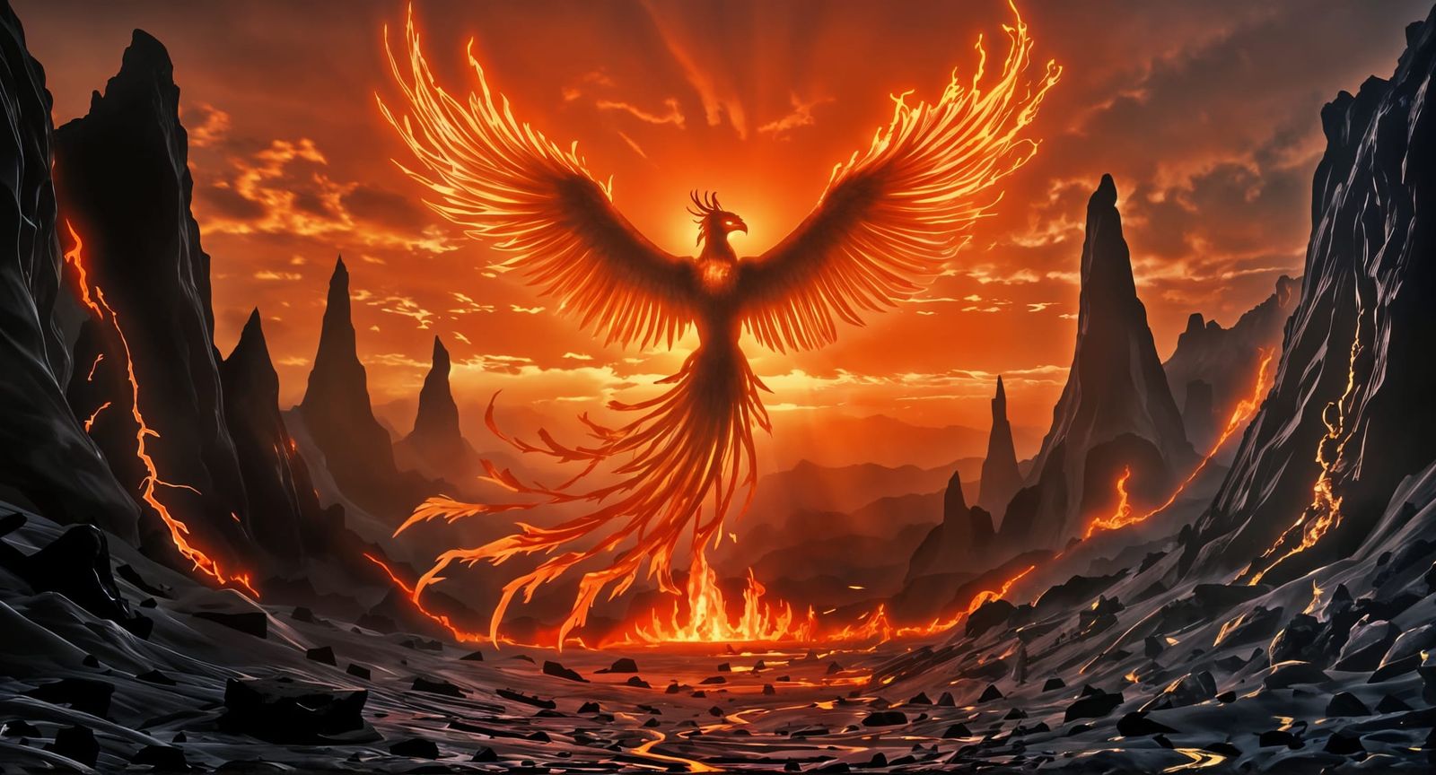 Phoenix Rising from Obsidian Canyon in Cinematic Style