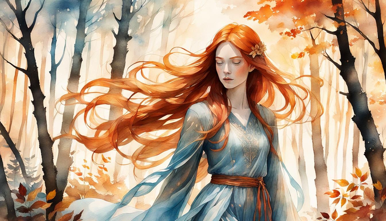 Ginger Beauty in Whispering Woods: Watercolor Illustration