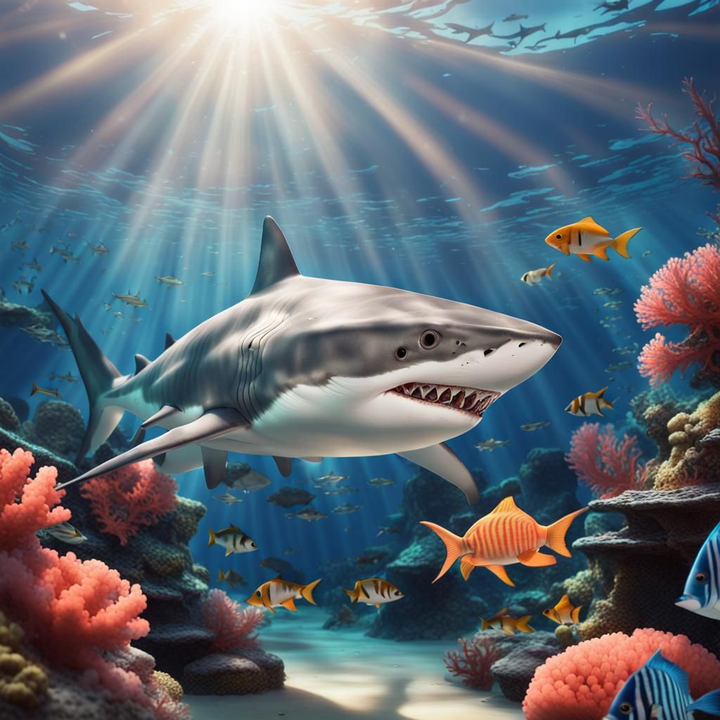 ((Anime:1.2)) a realistic shark with beautiful lighting refr...