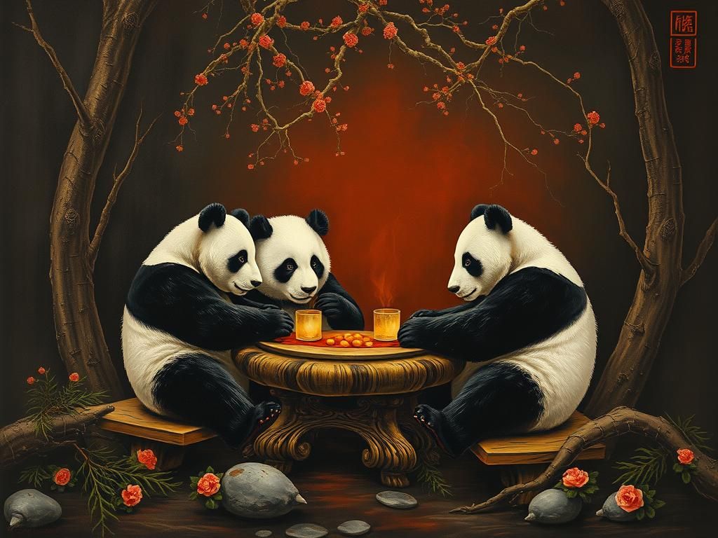 Pandas Picnic in Dark Velvet Painting Style