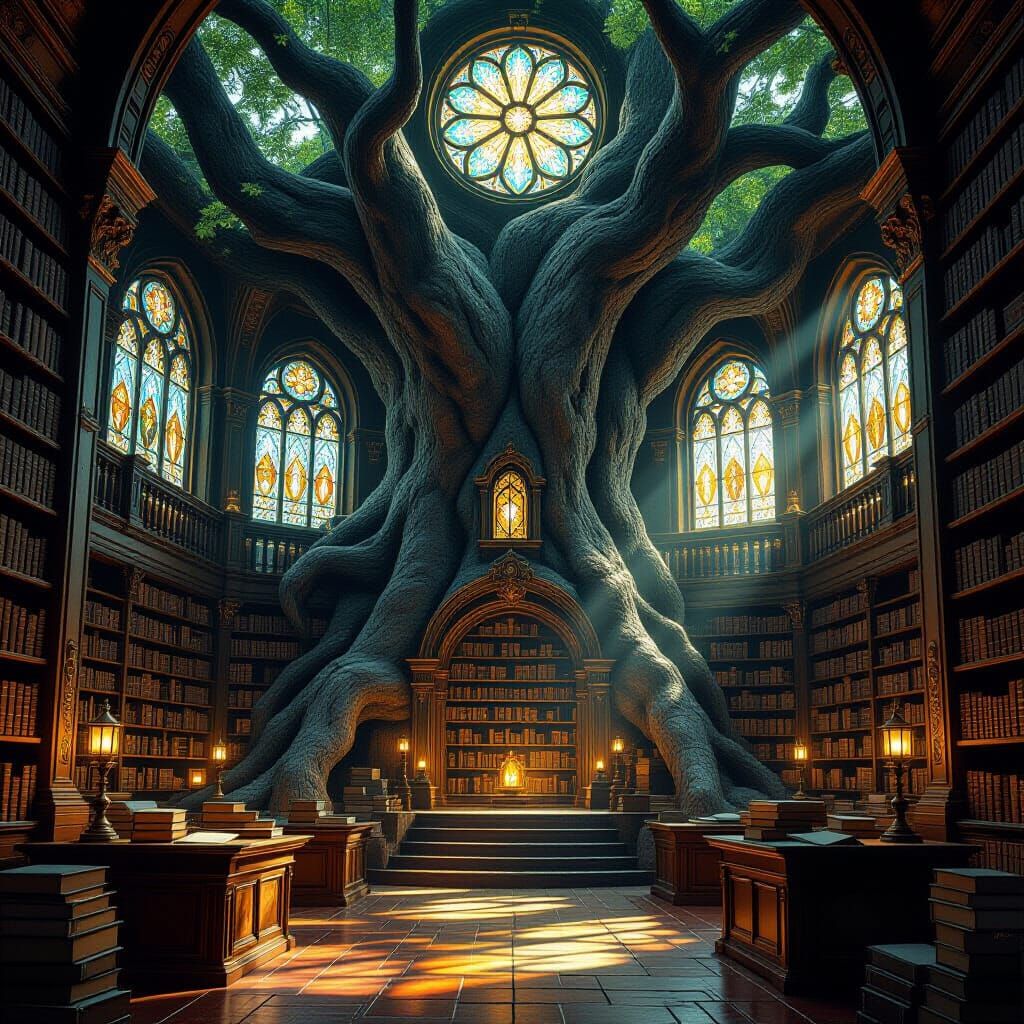 Ancient Tree Library Illuminated by Glowing Amber Windows
