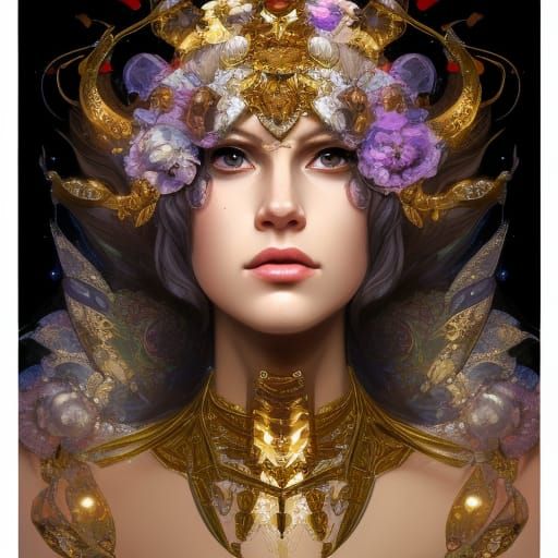 Bejeweled Floral Armored Queen Portrait in Gold