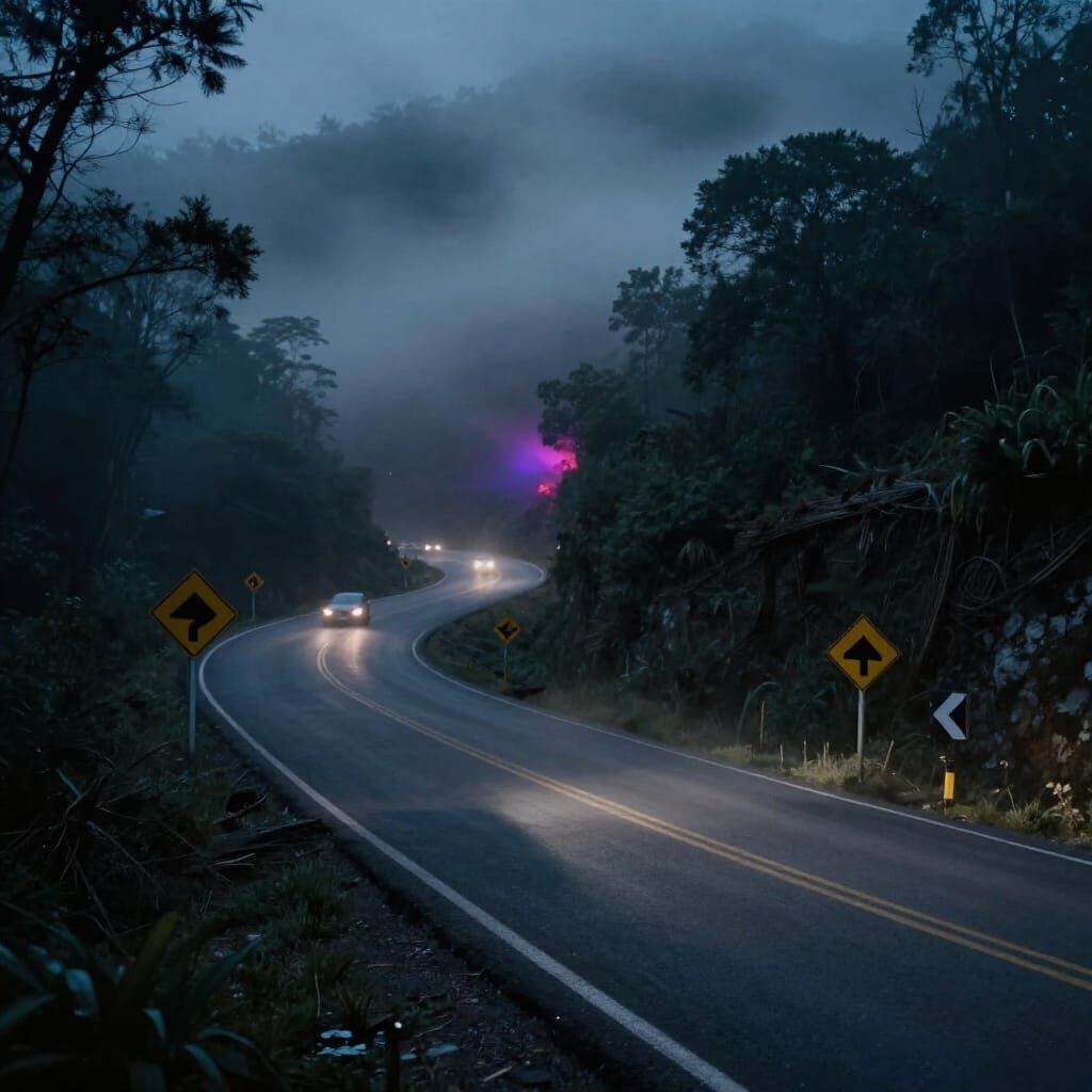 Cinematic Night Drive Through Foggy Mountain Road