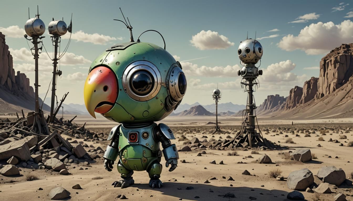 Android Parrot Portrait on Desolate Landscape