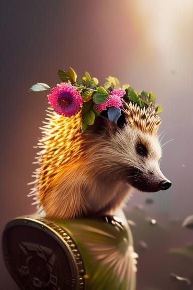 A very sweet hedgehog with flowers her head.