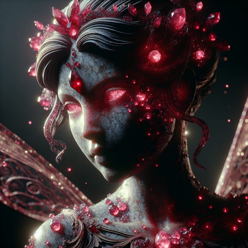 Glowing Ruby Fairy Statue in Hyperrealistic Style