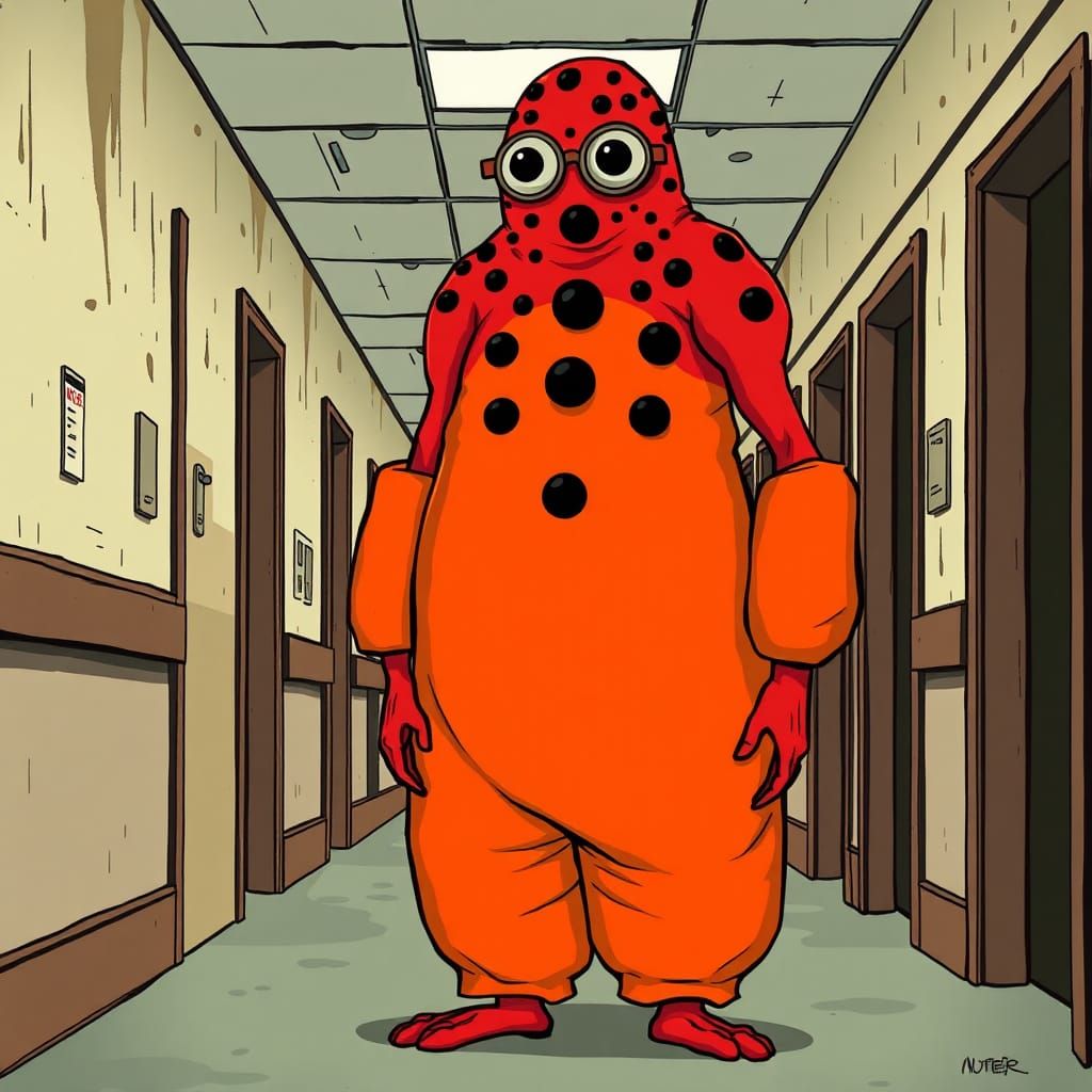 Cartoonish Red Humanoid in Abandoned Hospital