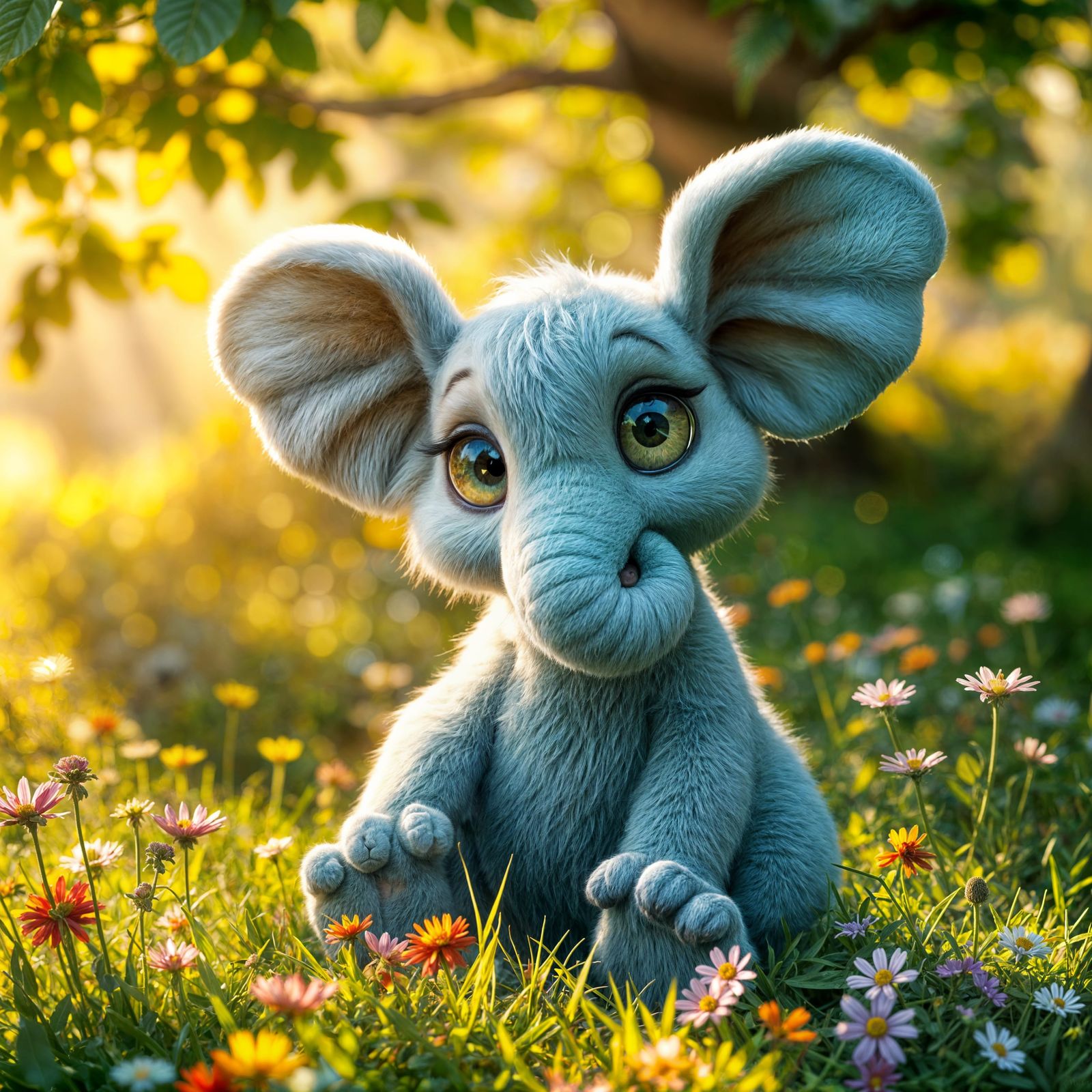 Enchanting Plush Creature in Sun-Dappled Meadow