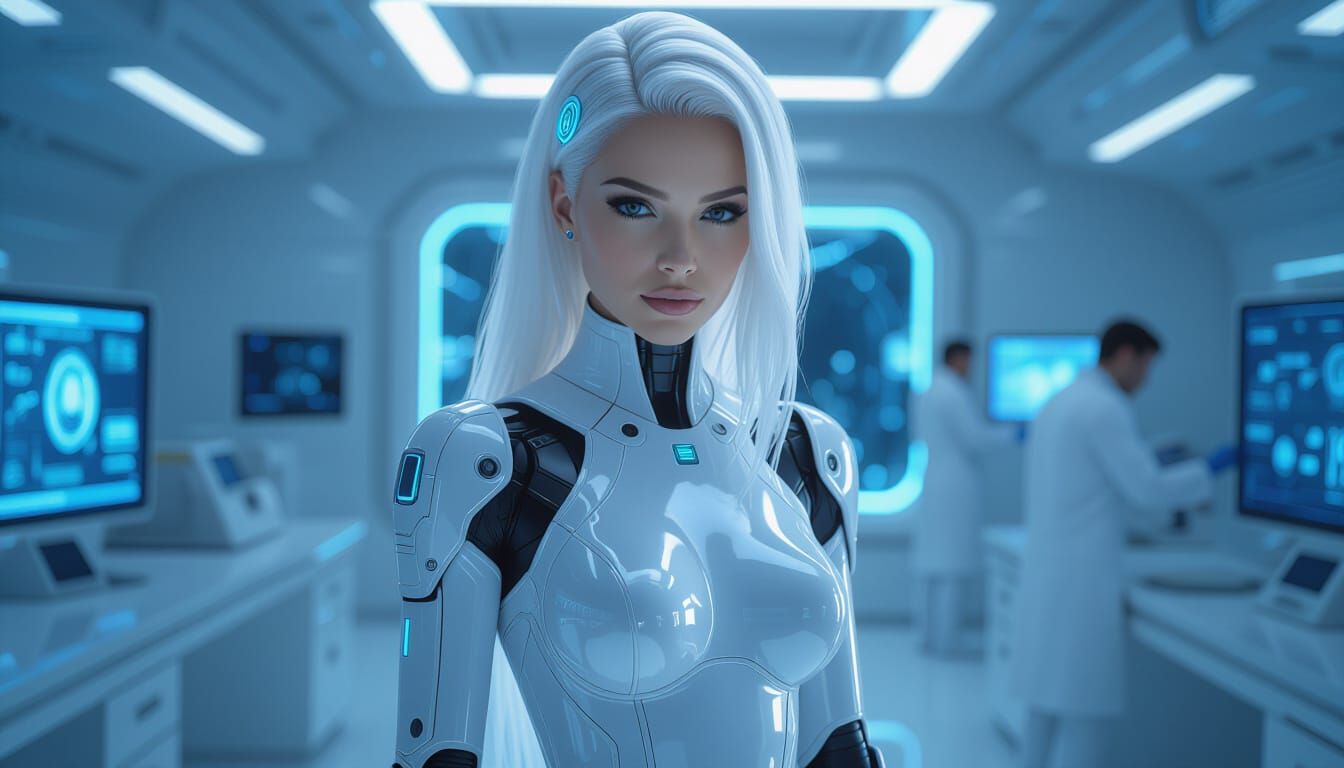 Cybernetic Woman in Futuristic Lab, Hyperrealistic Style