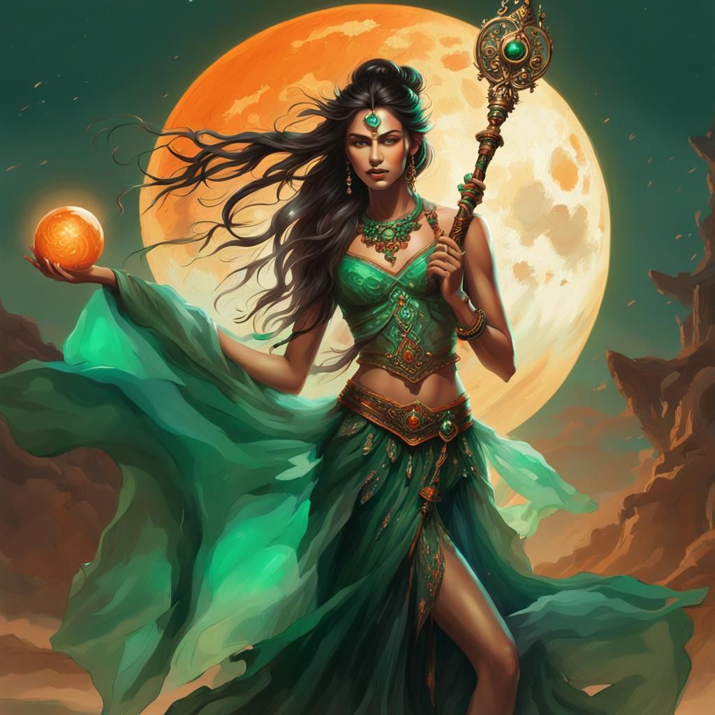 Supermodel with Staff and Glowing Orb in 8k