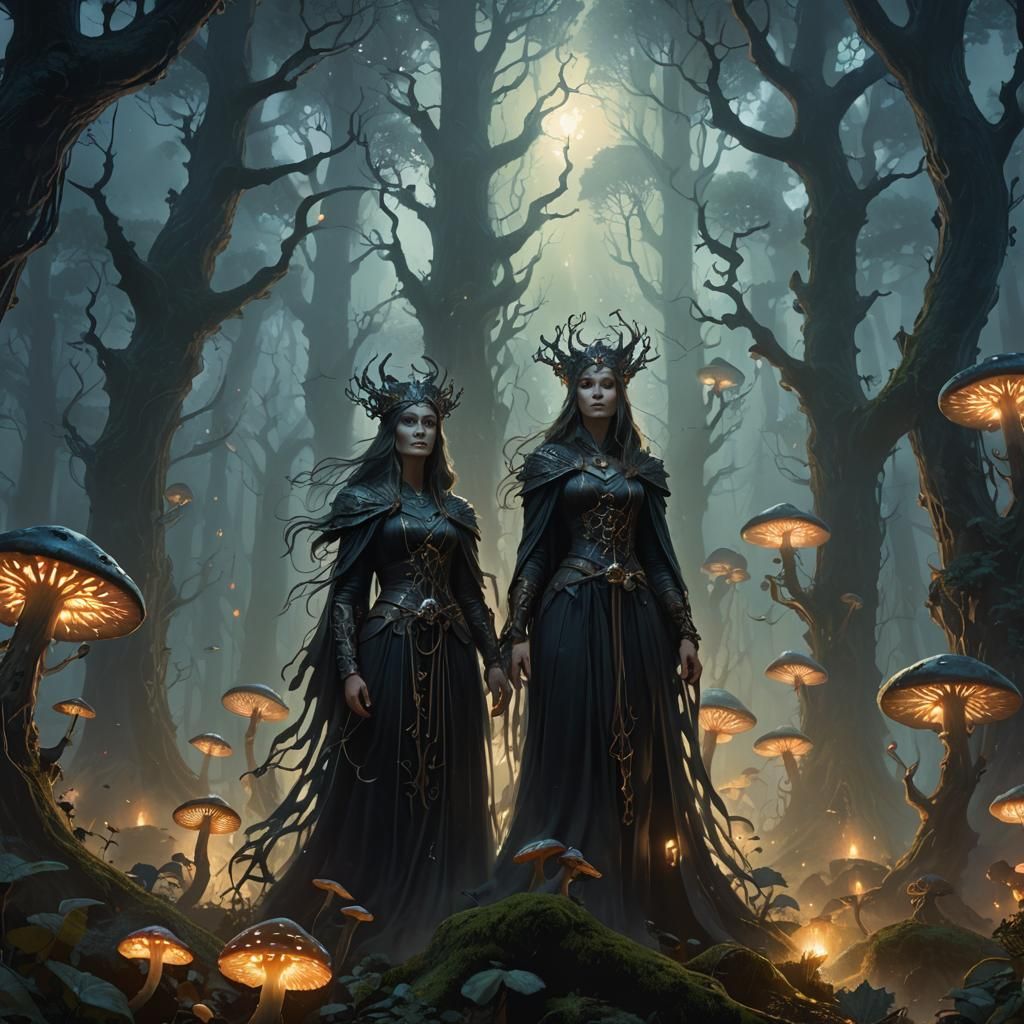 Dark Sorceress in Haunted Forest, Art Nouveau Style