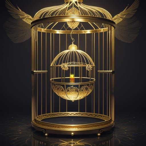 Surreal Chrome and Gold Birdcage in Void