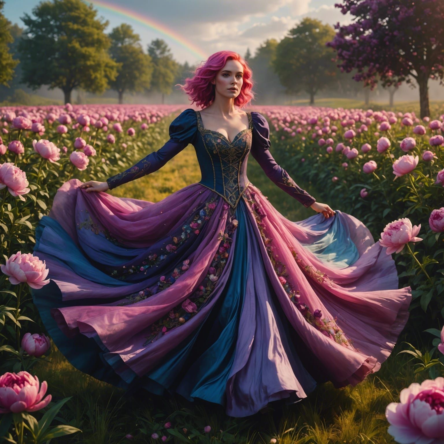 Woman in Rainbow Gown in Peony Field