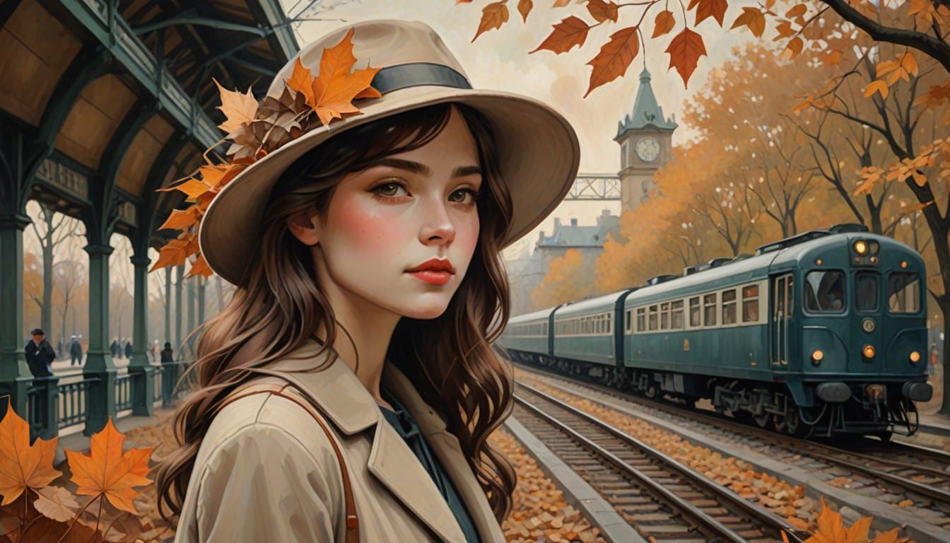 Art Nouveau Woman with Fall Leaf Hat in Train Station
