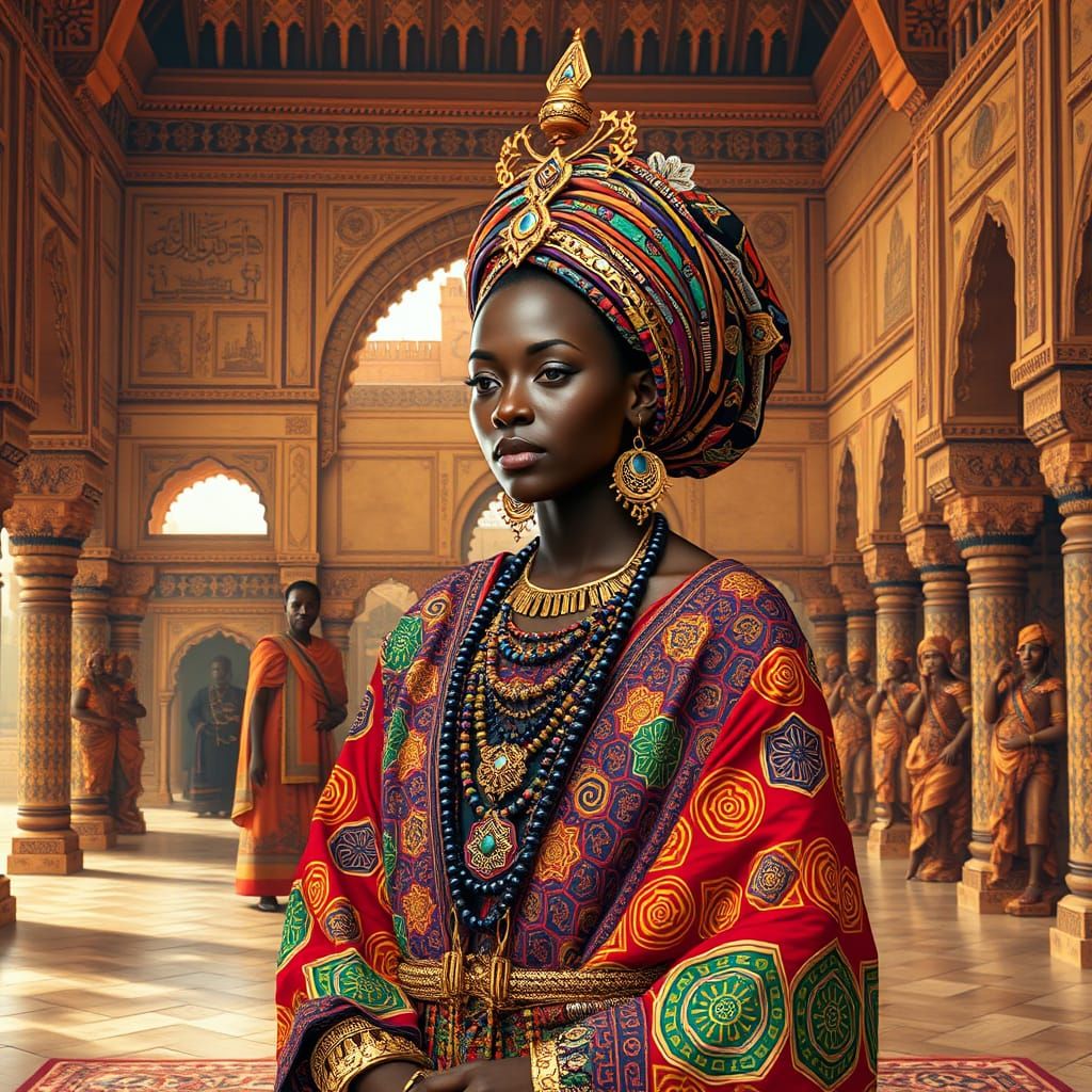 Princess in Vibrant Songhai Attire, Opulent Emperor Court