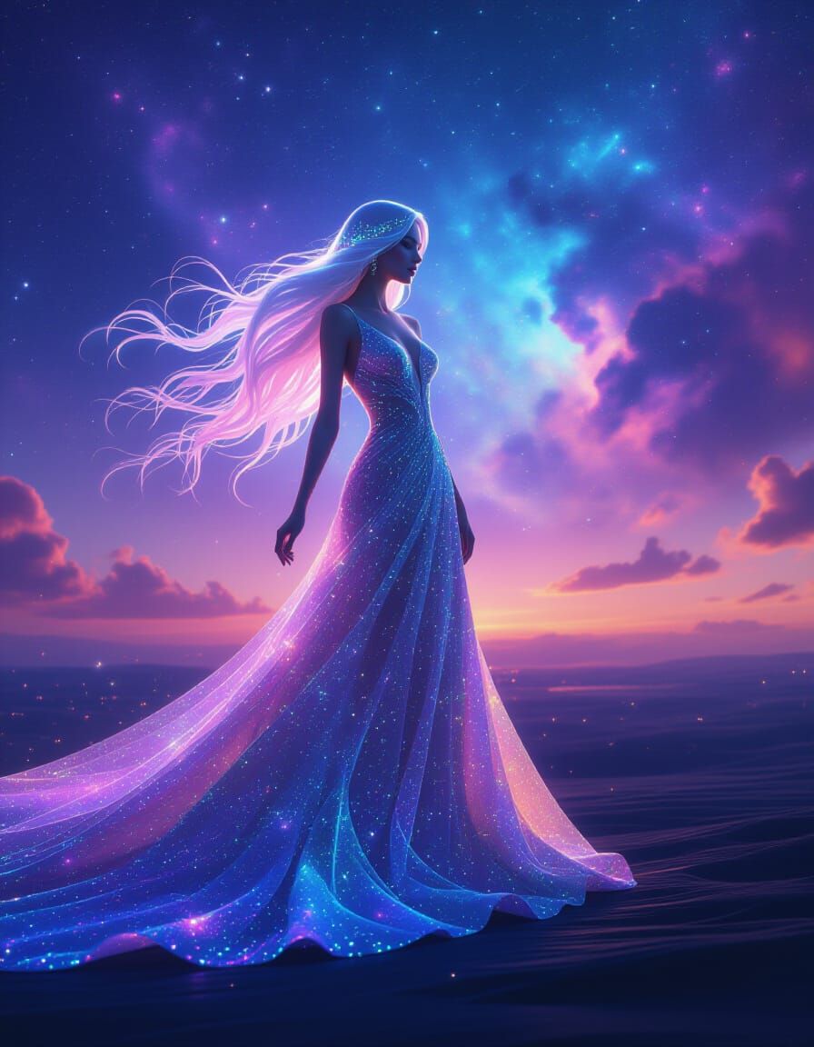 Cosmic Woman of Light and Stardust in Ethereal Nebula