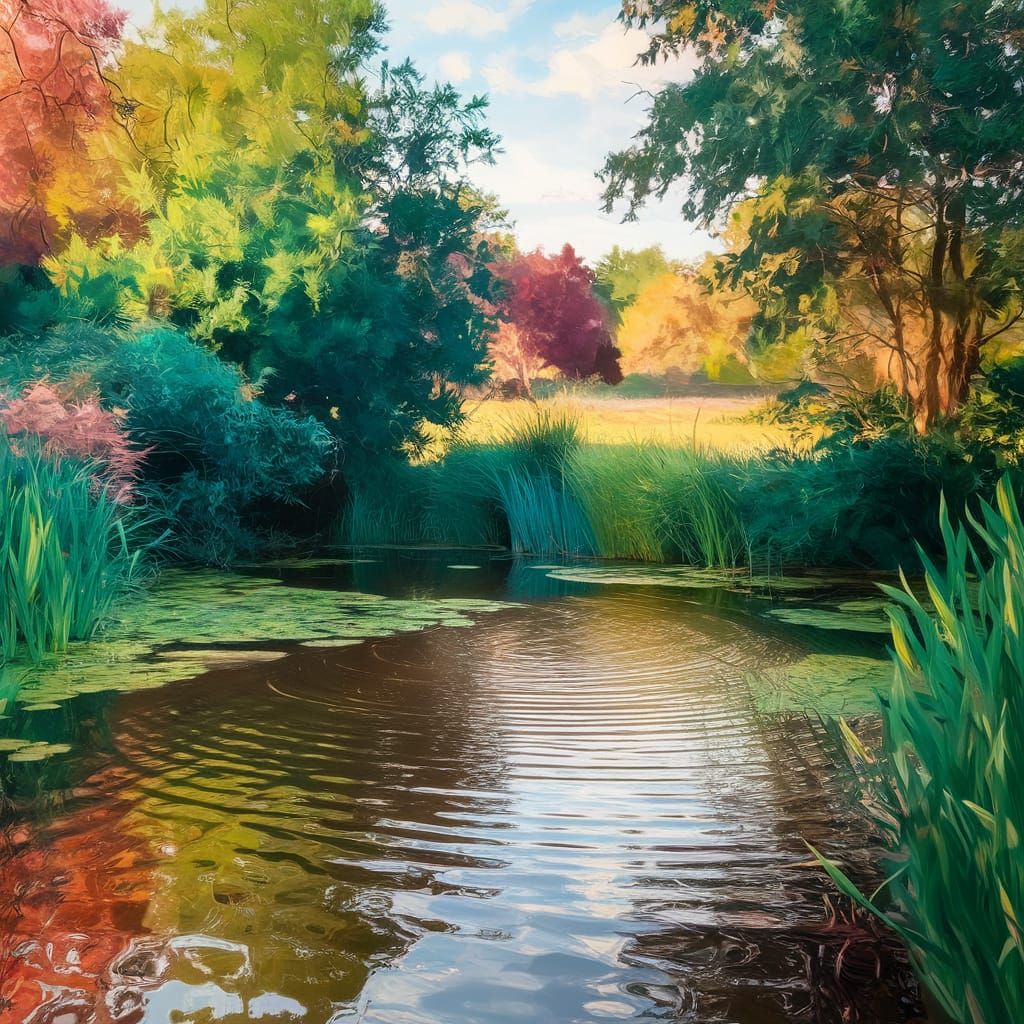 Serene Landscape Pond with Lush Greenery in Soft Impressioni...