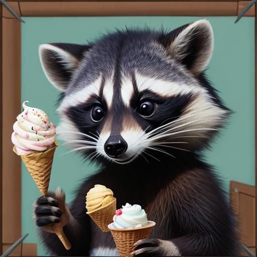 Realistic Raccoon Enjoys Ice Cream Cone