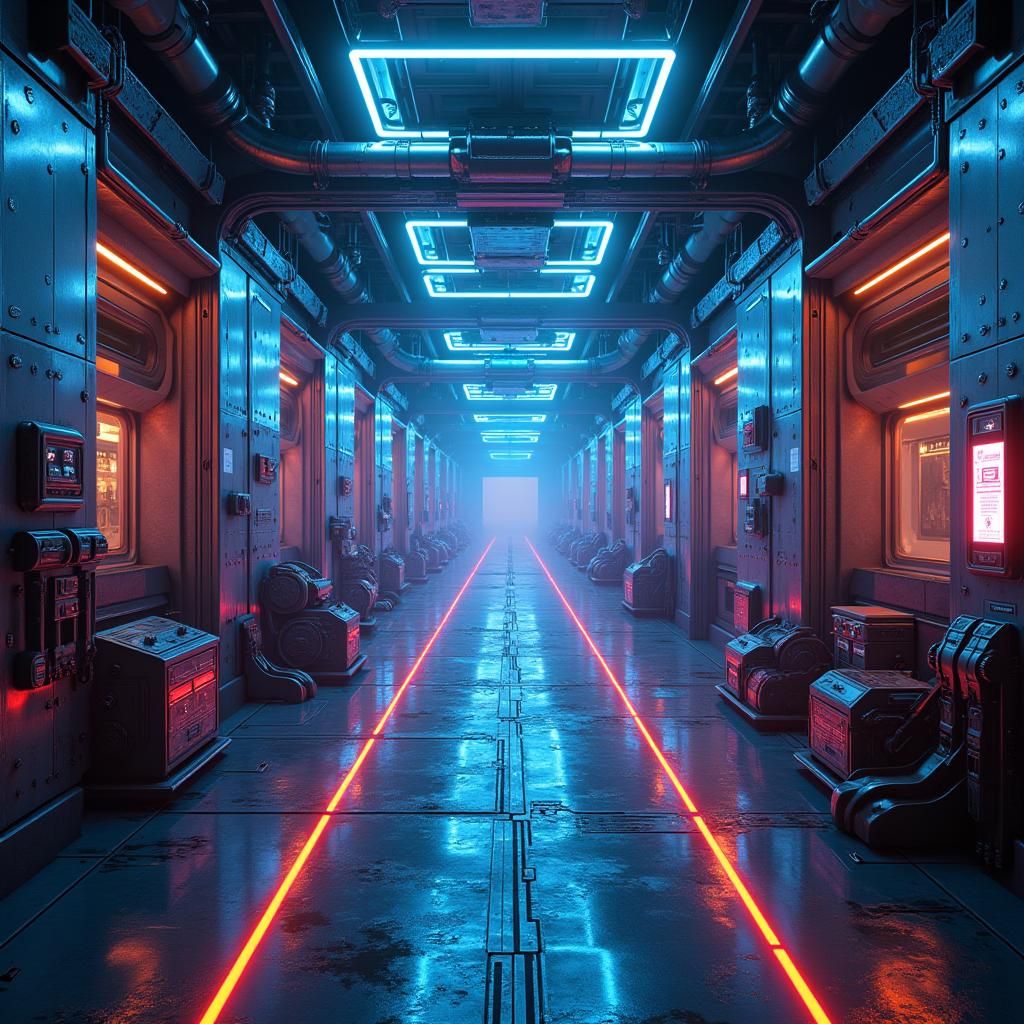 Futuristic Automated Factory Interior with Neon Lights