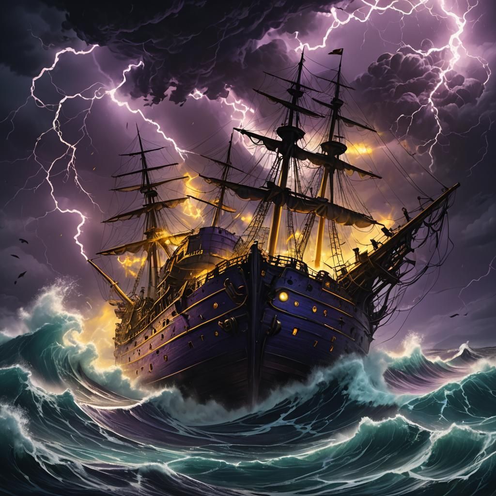 Turbulent Ocean Storm Wrecks Ship: Fantasy Art Nouveau