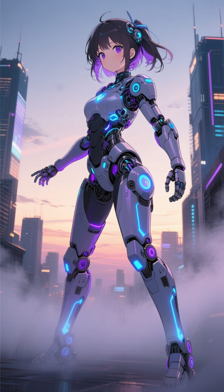 Anime Girl with Detailed Mechanical Body in Futuristic City