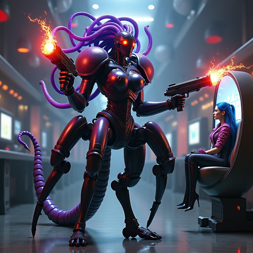 Black purple red intricately designed cybernetically enhance...