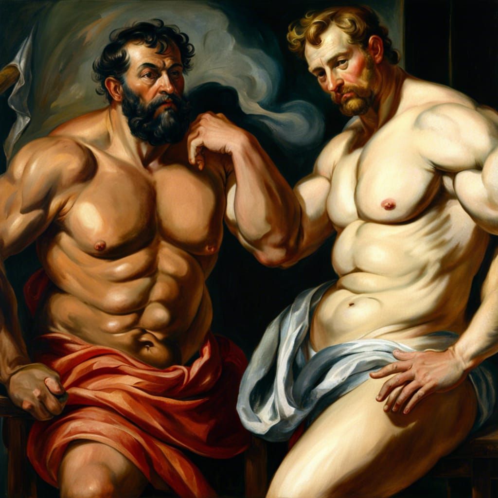 Men in Steam Room: Rubens-Style Oil Painting