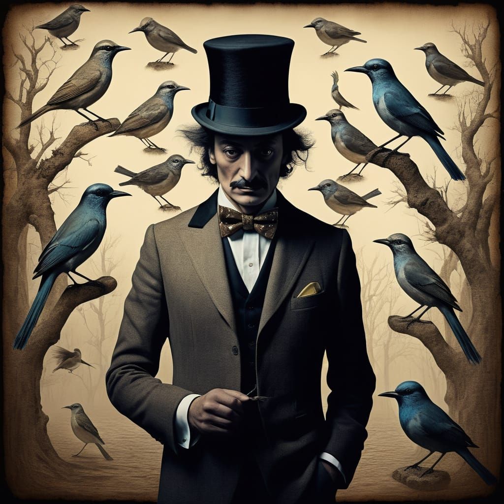 Surreal Gentleman with Birds Emerging from Hat