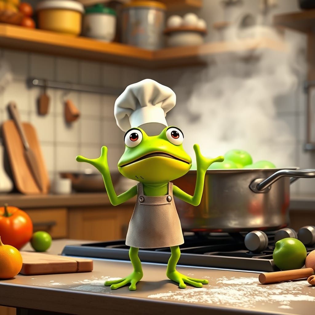 Terrified Cartoon Frog Chef in Pixar Style