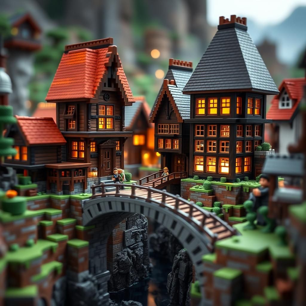 Minecraft Buildings Connected by Bridges: Professional Photo...