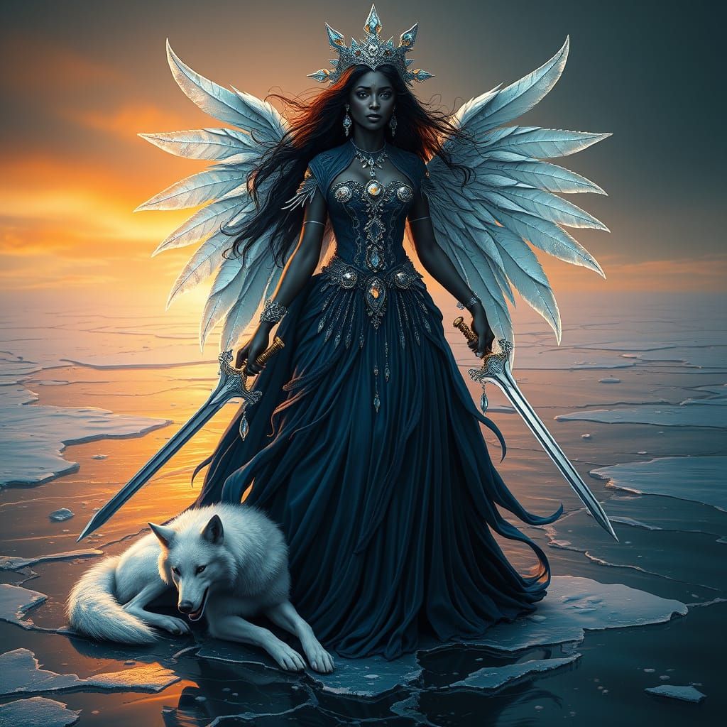 Powerful Black Goddess in Splendid Blue Attire with Swords a...