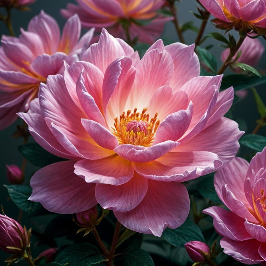 Peonia Illuminated by Volumetric Lighting in Embroidered Sty...