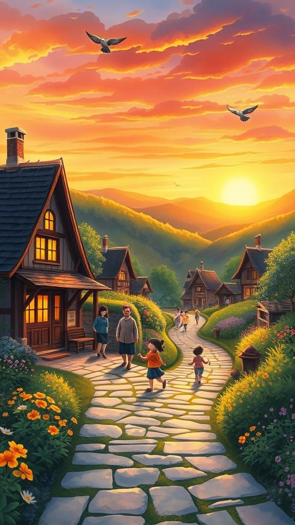 Whimsical Ghibli Village at Sunset