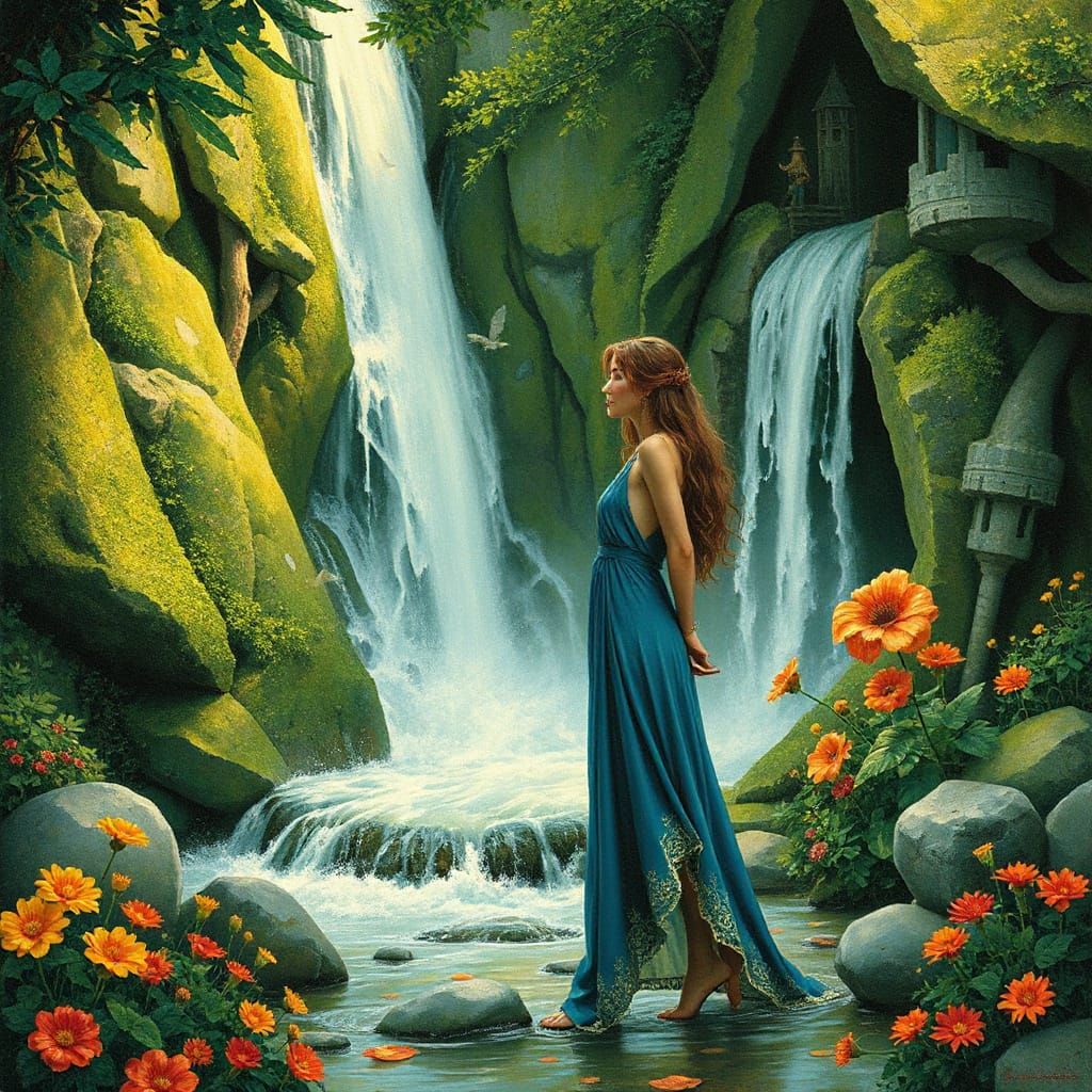 Woman at Whimsical Waterfall in Dreamy Illustration Style