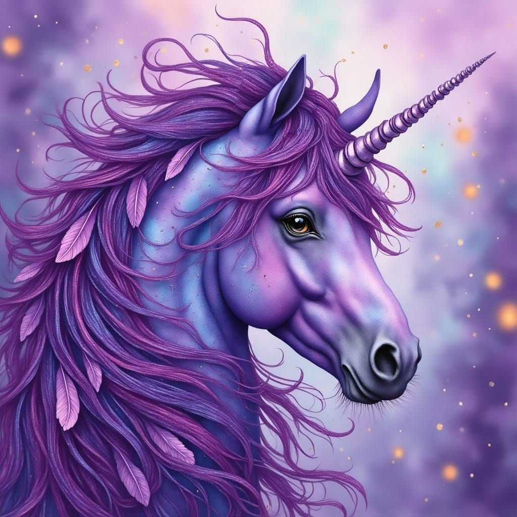 Majestic Purple Unicorn with Iridescent Feathers