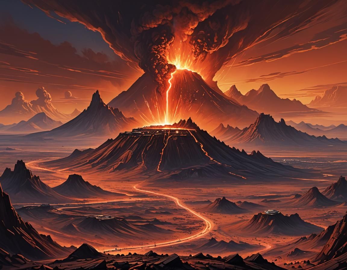 Olympus Mons Erupting on Mars in Retro-Futuristic Style