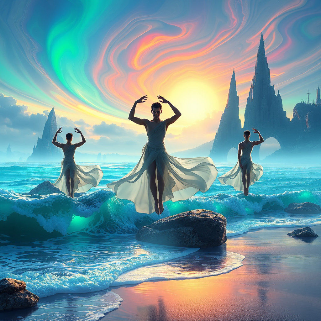 Ethereal Dancers on a Bioluminescent Shoreline