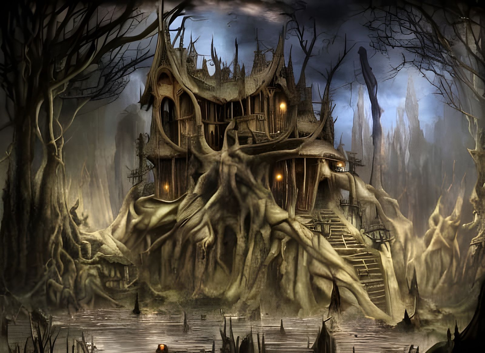Ominous Dark Elf in Gothic Swamp Illustration