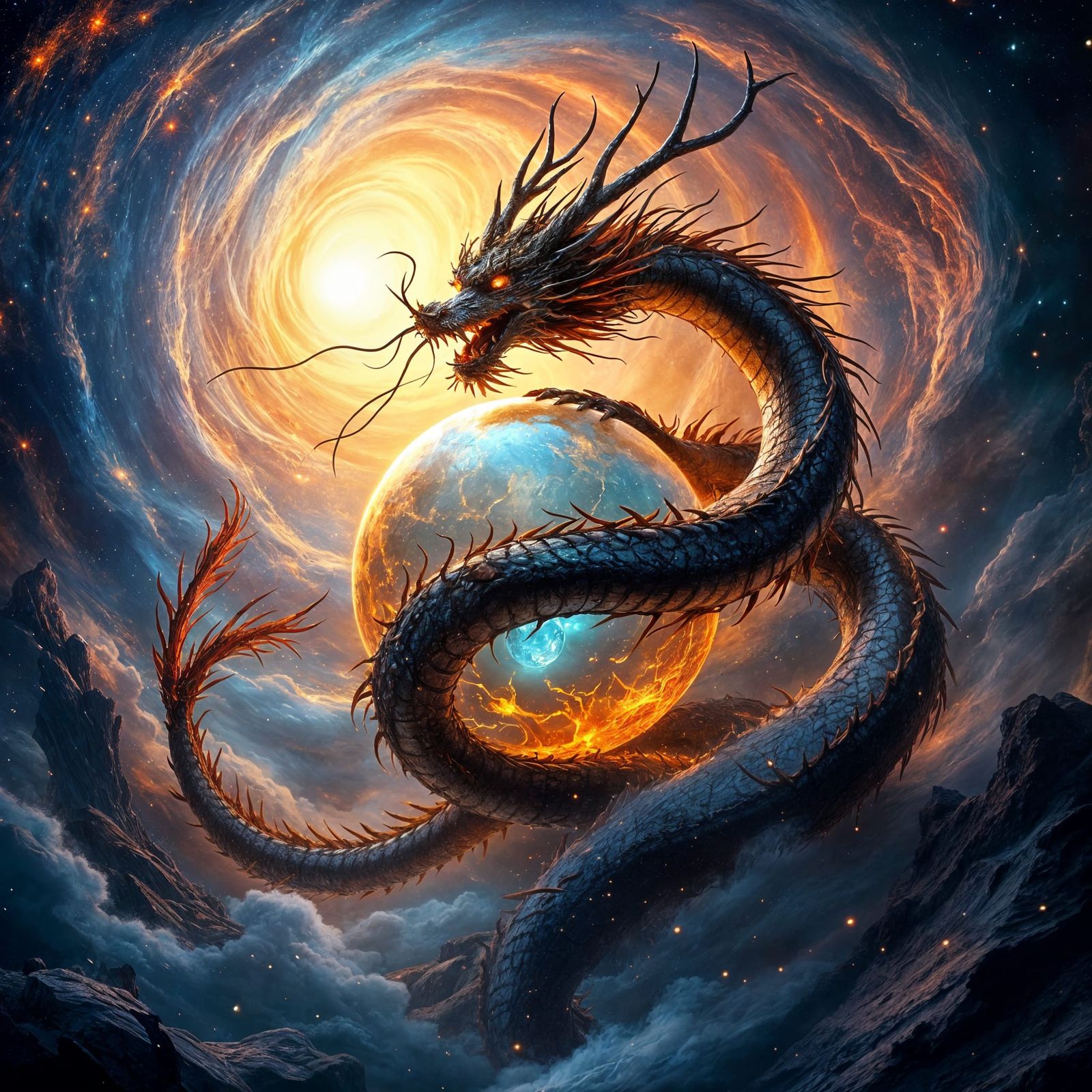 Magical Rusty Chinese Dragon Around Glowing Orb