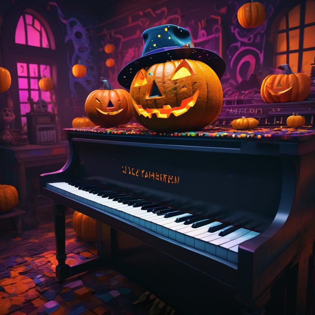Jack-o'-Lantern Plays Piano in Haunted Room as Pop Art