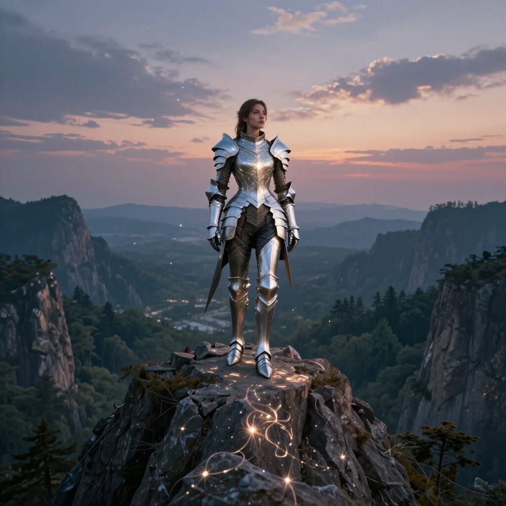 Celestial Knight on Mountain Peak Above Ancient Forest