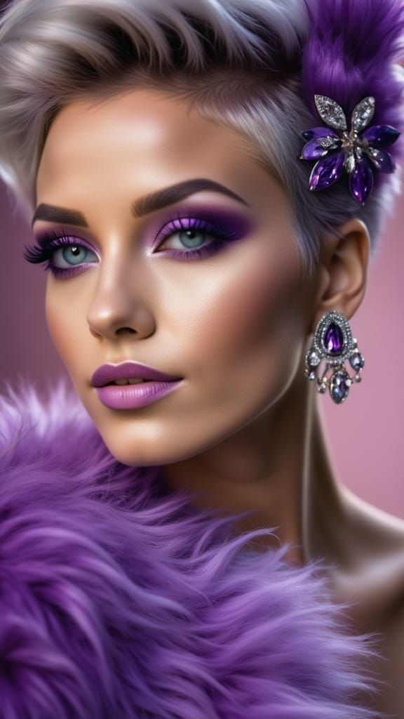 Elegant Woman in Purple Fur and Jewelry